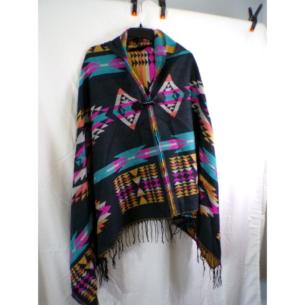 Be Mine NYC Hooded Aztec Fringe Poncho Sweater Cape Multicolor S/M